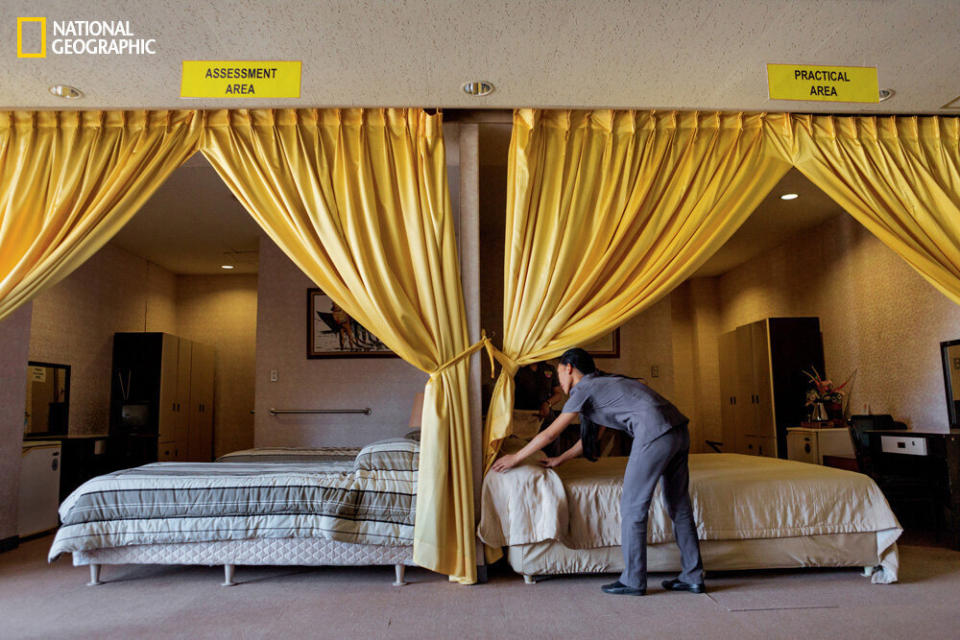 At this government-sponsored facility in Manila, women learn the skills needed to work in a hotel or someone’s home in another country. The curriculum includes the fine points of making a bed.