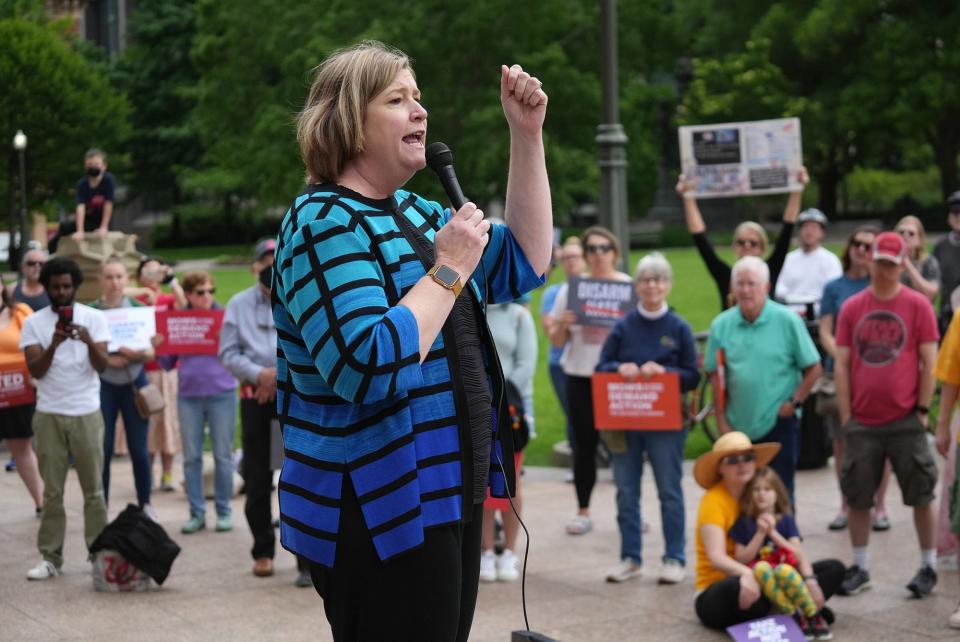 Former Dayton Mayor Nan Whaley speaks Saturday during a vigil for the 19 students and two teachers killed at Robb Elementary School in Uvalde, Texas. Whaley, who is running for Ohio governor, criticized incumbent Gov. Mike DeWine's support for what she called lax gun restrictions.