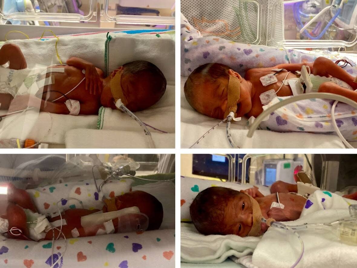 Aleah, Beautiful, Cecelia and Dominic were born Feb. 29 at Jimmy Pattison Children’s Hospital in Saskatoon. Cecelia, who joined her siblings on Monday, was the last to leave hospital.   (Gilbert Merasty - image credit)