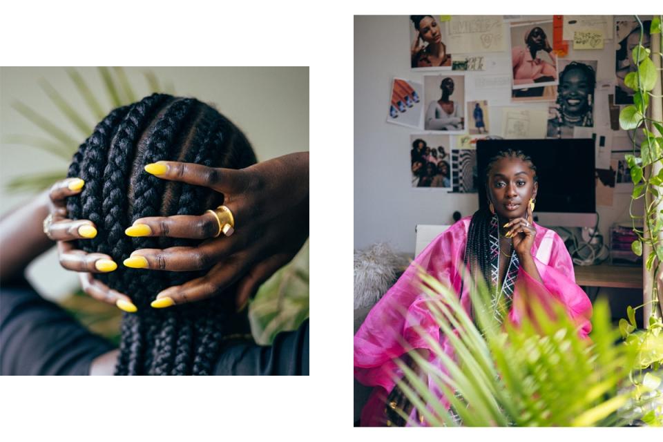 "I love getting my hair done at my mom’s salon. Here I got my straight back cornrows done by my favorite Aunt at Aminata African Hair Braiding. On the right is my creative corner where I get inspiration and most of my work done. I have my first campaign on my wall to inspire me every day.”