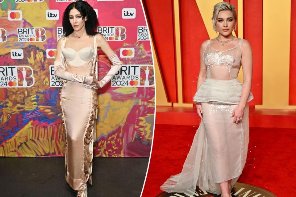 From left: Songstress Caroline Polachek attends the Brit Awards and starlet Florence Pugh shows off at the Vanity Fair Oscar Party, both wearing Jean Paul Gaultier by Simone Rocha. Images: Getty