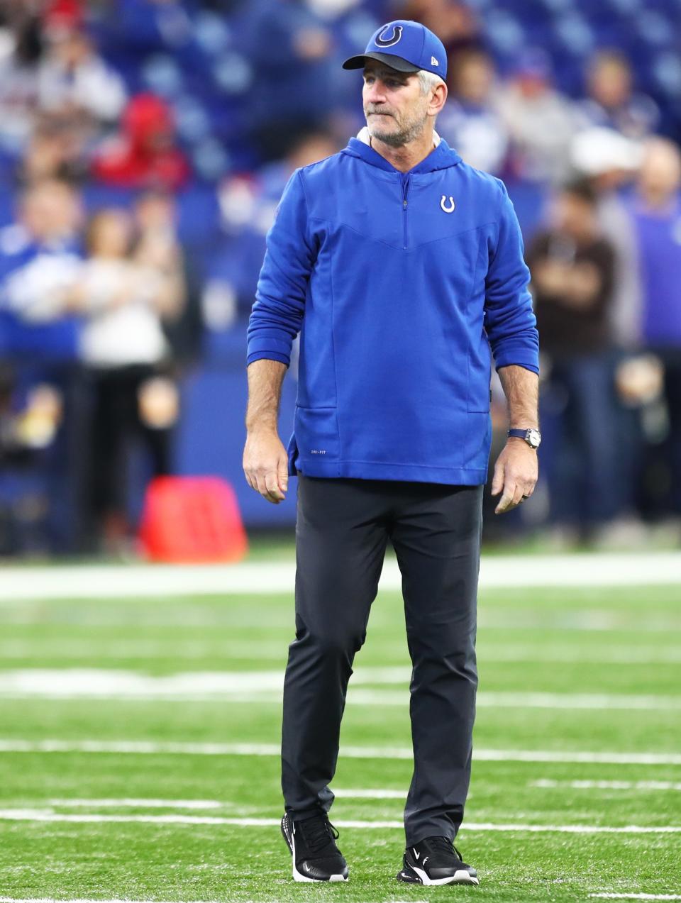 Indianapolis Colts head coach Frank Reich, Sunday, Nov. 28, 2021, before a game against the Tampa Bay Buccaneers at Lucas Oil Stadium in Indianapolis.