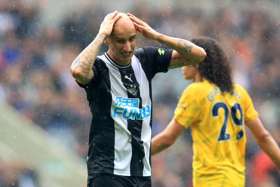 Newcastle United's Jonjo Shelvey reacts after his effort struck the post. (Photo by Owen Humphreys/PA Images via Getty Images)