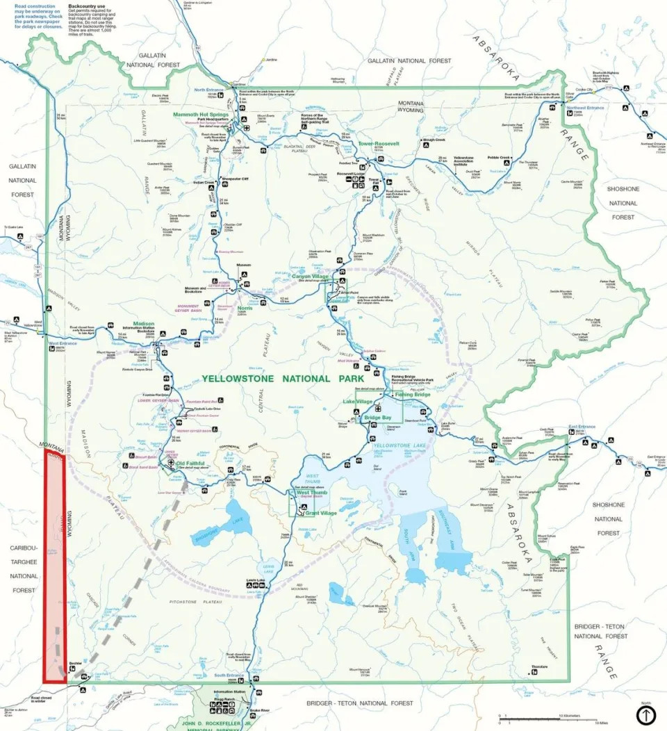 The zone of death (highlighted in red) is defined by the intersection of Yellowstone National Park (highlighted in green) with the state of Idaho, in the southwest corner of the park. The grey dotted line represents the approximate path followed for this article, starting south of Old Faithful, traveling toward the southwest. The trip covered 52 miles.