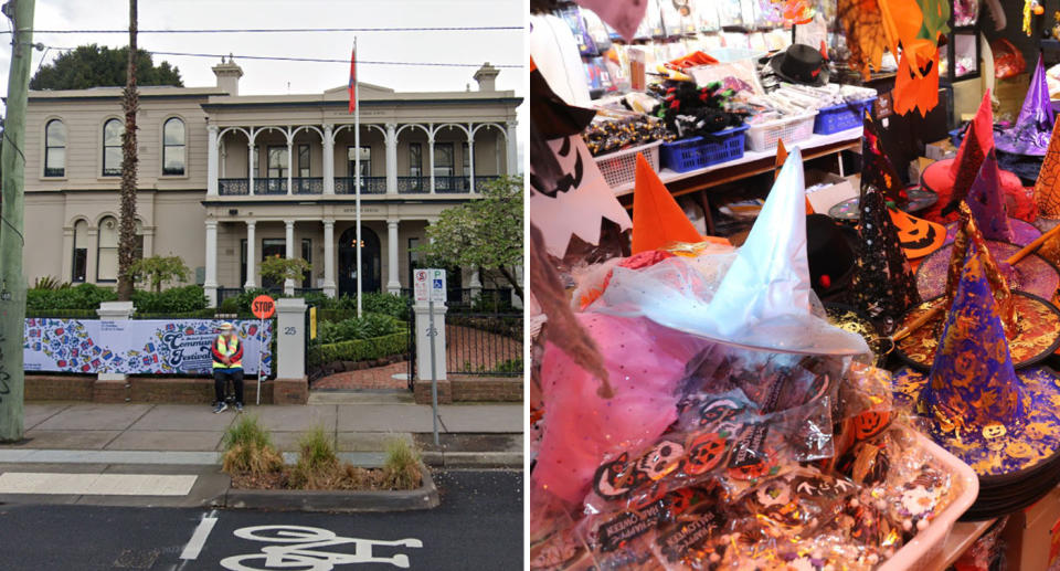 Left, Street view of St Michael's Grammar in Melbourne. Right, Halloween decorations and accessories sit on a display.