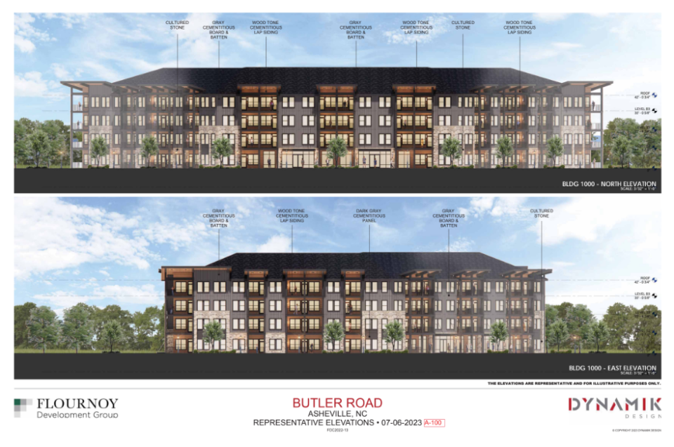 Building elevations for the Flournoy Butler Road project, a 279-unit apartment complex proposed on Butler Road in South Asheville.