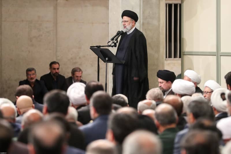 Iranian President Ebrahim Raisi speaks during speaks during a meeting with with politicians, the Iranian government, and military officials in Tehran. Iranian Supreme Leader's Office/ZUMA Press Wire/dpa