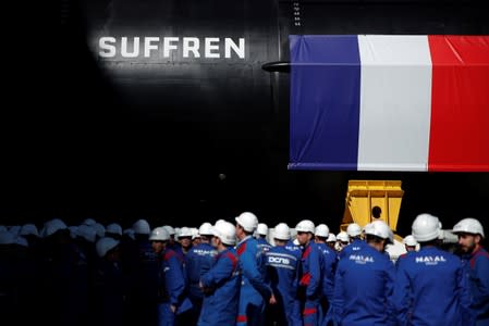 The French Navy vessel called "Suffren", first of the nuclear Barracuda class attack submarines, leaves the workshops of its construction at the Naval Group site in Cherbourg