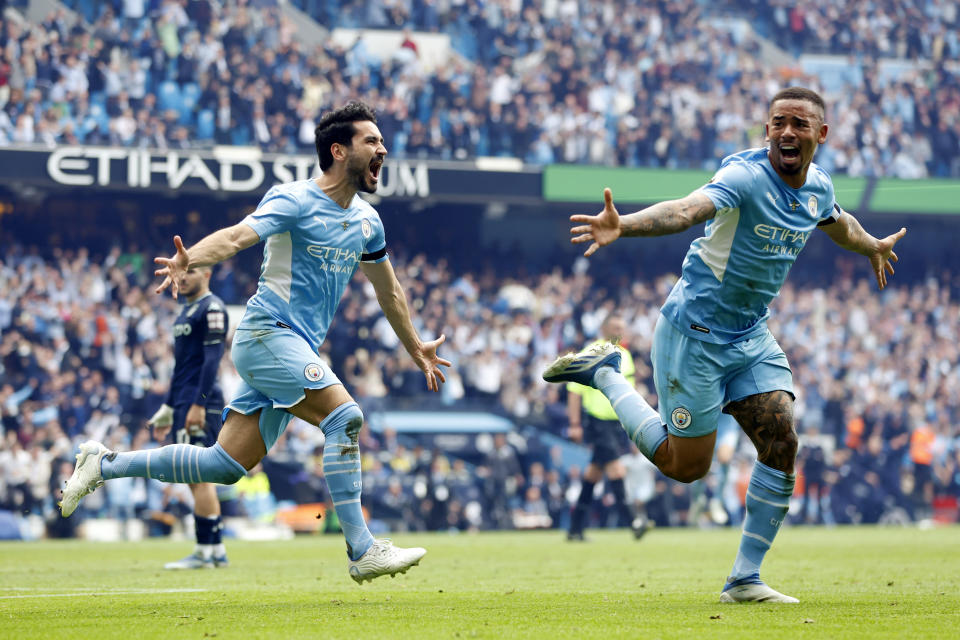 MANCHESTER, ENGLAND - MAY 22: Ilkay Guendogan of Manchester City celebrates after scoring their team's third goal during the Premier League match between Manchester City and Aston Villa at Etihad Stadium on May 22, 2022 in Manchester, England. (Photo by Lynne Cameron - Manchester City/Manchester City FC via Getty Images)