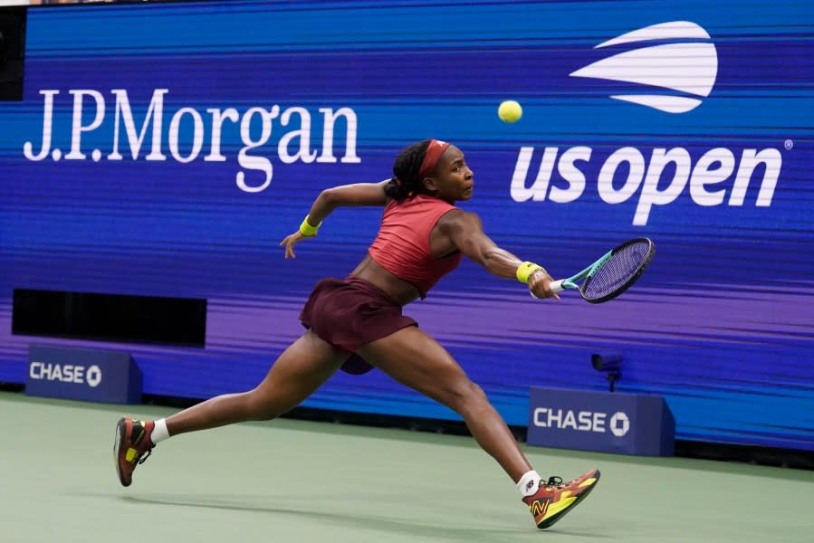 Coco Gauff, of the United States, returns a shot to Aryna Sabalenka, of Belarus, during the women’s singles final of the U.S. Open tennis championships, Saturday, Sept. 9, 2023, in New York. (AP Photo/Charles Krupa)