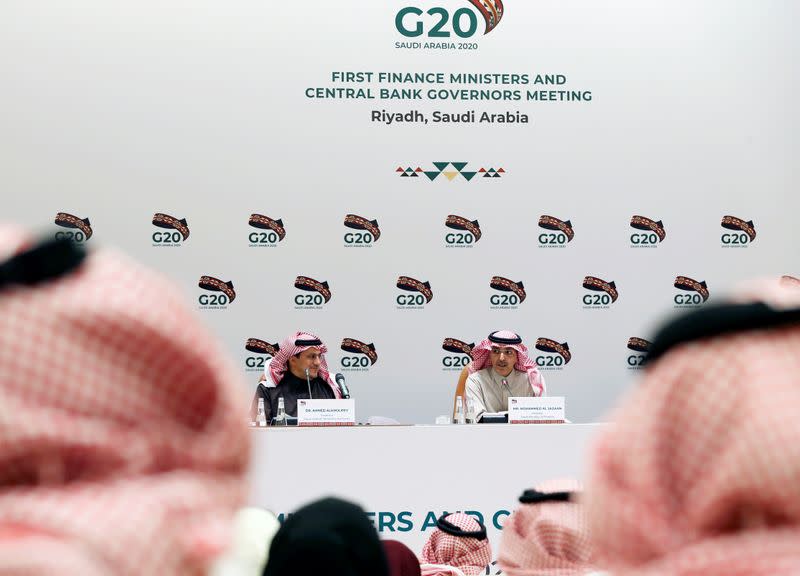 Saudi Minister of Finance Mohammed al-Jadaan speaks during a media conference with Saudi Arabia's central bank governor Ahmed al-Kholifey, in Riyadh
