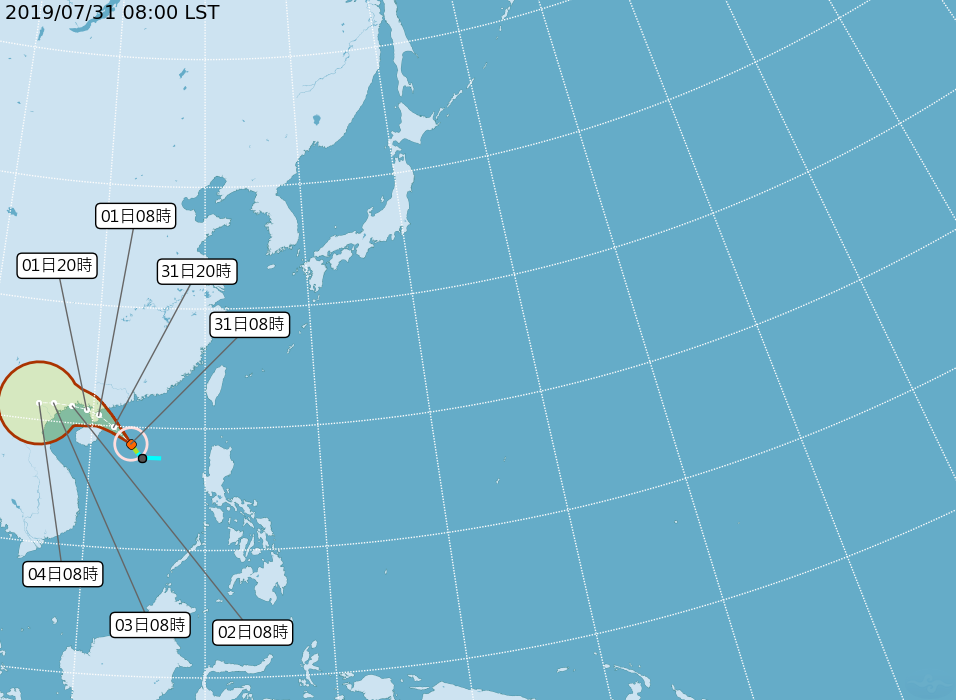 ▲第 7 號颱風薇帕今（ 31 ）日 8 時生成，以時速 20 公里向西北西朝廣東至海南島移動。（圖／中央氣象局）