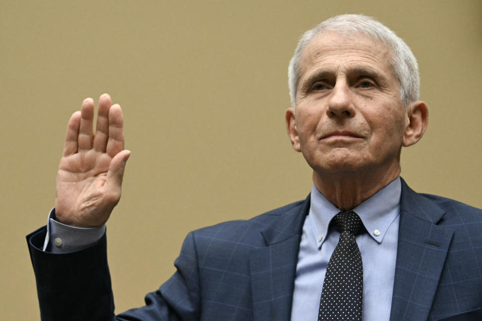 Dr. Anthony Fauci is sworn in during a House committee hearing on Capitol Hill Monday. (Jim Watson/AFP via Getty Images)