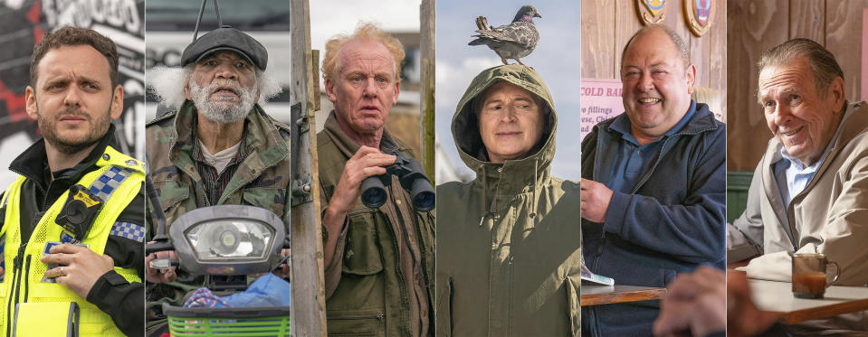 This combination of images shows Wim Snape, from left, Paul Barber, Steve Huison, Robert Carlyle, Mark Addy and Tom Wilkinson in scenes from the series "The Full Monty." (Ben Blackall/Hulu via AP)