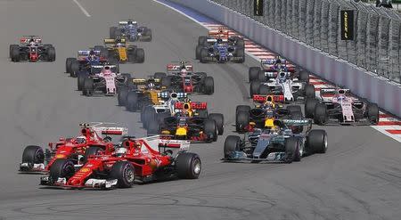 Formula One - F1 - Russian Grand Prix - Sochi, Russia - 30/04/17 - Ferrari Formula One driver Sebastian Vettel of Germany leads the pack during the race. REUTERS/Maxim Shemetov