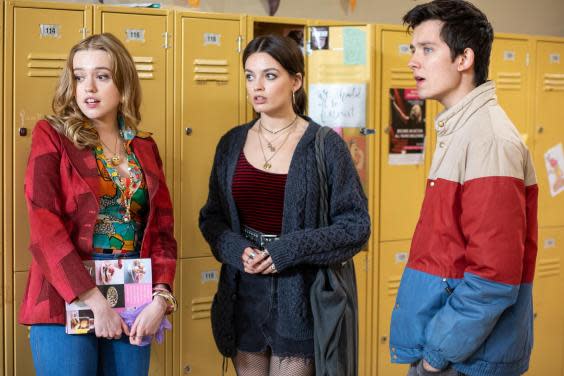 Aimee (Aimee Lou Wood), Maeve (Emma Mackey) and Otis (Asa Butterfield) in the corridors of Moordale High (Netflix)