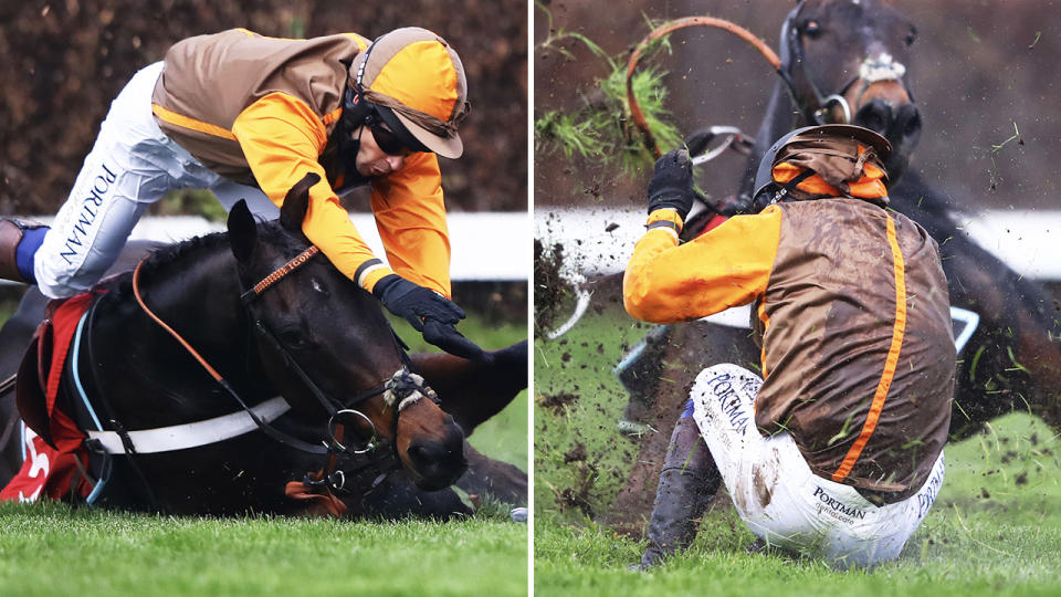 Sam Waley-Cohen, pictured here falling at Sandown Races.