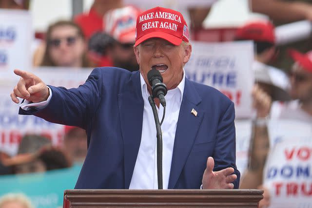 <p>ALLISON DINNER/EPA-EFE/Shutterstock </p> Republican presidential candidate and former President Donald Trump speaks during an election rally at Sunset Park in Las Vegas, Nevada, USA, 09 June 2024.