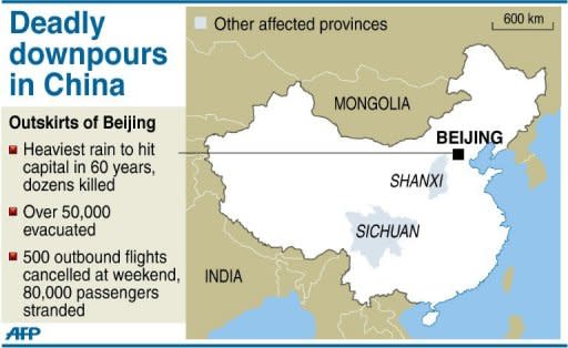 Map of China locating the areas hit by heavy rainfall that have left dozens killed at the weekend, according to state media