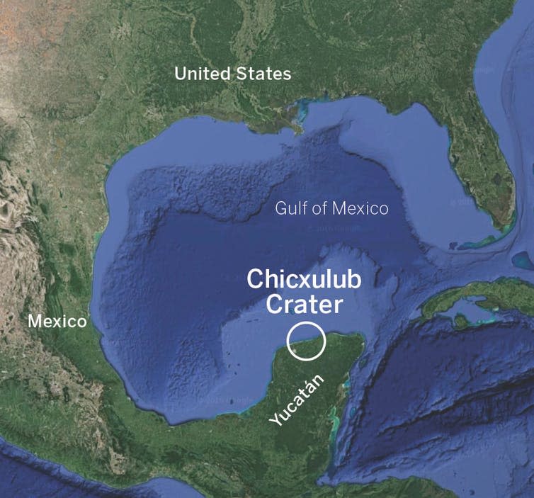 A map showing where the Chicxulub crater is, in the Yucatán Peninsula.