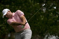 Stewart Cink hits his tee shot on the fourth hole during the final round of the Masters golf tournament on Sunday, April 11, 2021, in Augusta, Ga. (AP Photo/Charlie Riedel)