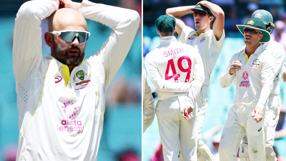 Nathan Lyon, pictured here fuming after a number of close lbw shouts were denied in the third cricket Test.