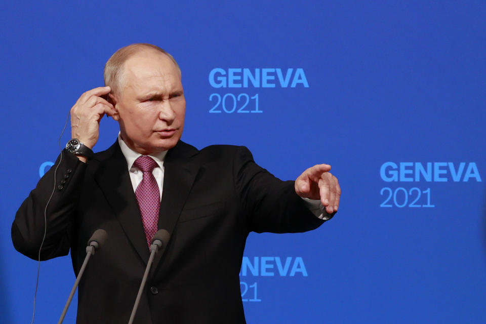 Russia's President Vladimir Putin gestures as he addresses the media during a press conference after the U.S.-Russia summit with U.S. President Joe Biden at Villa La Grange in Geneva, Switzerland, Wednesday, June 16, 2021. (Denis Balibouse/Pool Photo via AP)