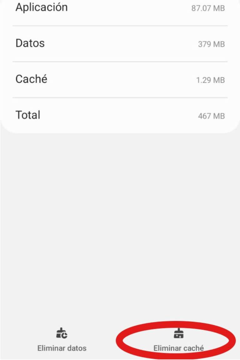 Finalmente, el sistema da la opción de eliminar o borrar caché; nunca hay que pulsar el botón "Eliminar datos"