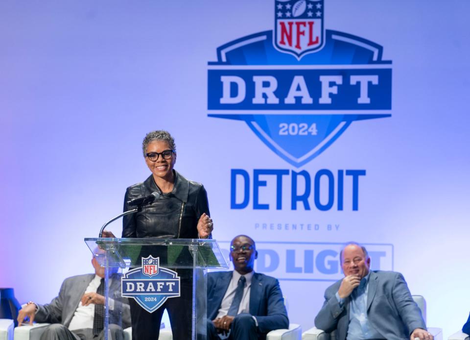 W.K. Kellogg Foundation Michigan Director Faye Nelson takes the stage as Detroit Sports Commission and Visit Detroit during a press conference at Ford Field on Monday, Nov. 27. Today marks 150 days until the 2024 NFL Draft that will take place in Detroit April 25-27, 2024.