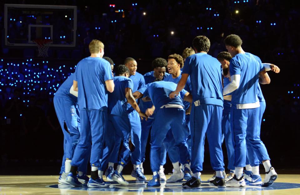 Oct 15, 2021; Durham, NC, USA;  Duke Blue Devils players gather at mid court after introductions during Duke Countdown to Craziness at Cameron Indoor Stadium.