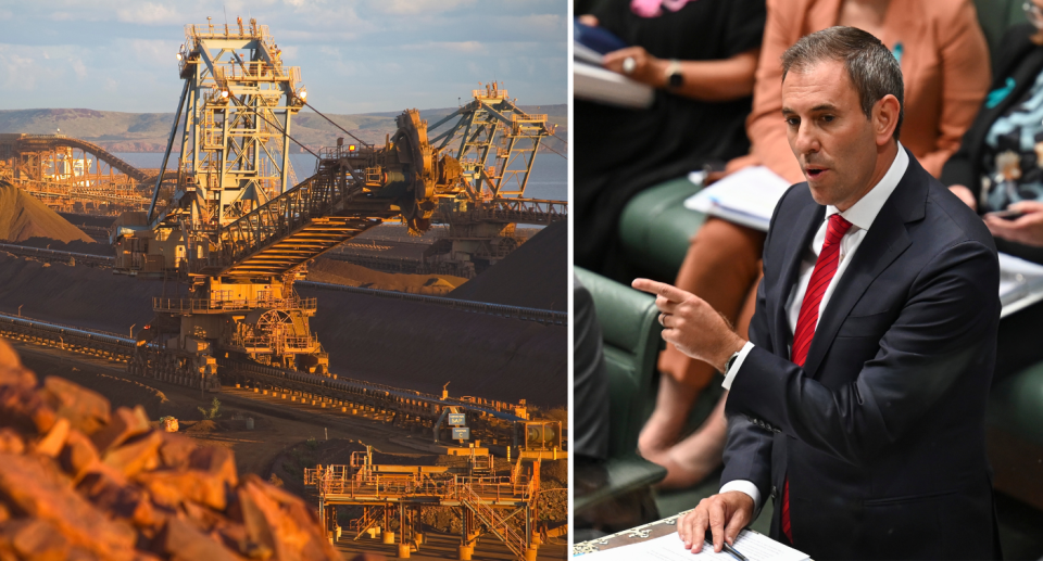 Composite image of iron ore mining, and Treasurer Jim Chalmers speaking in Parliament about debt.