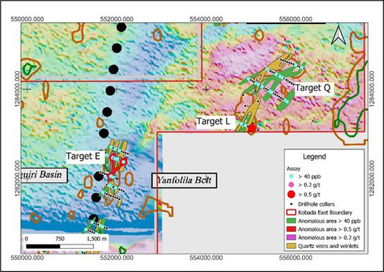 Figure 4: Auger Drilling Results over the Central Portion of the Kobada Est Shear (Target E).