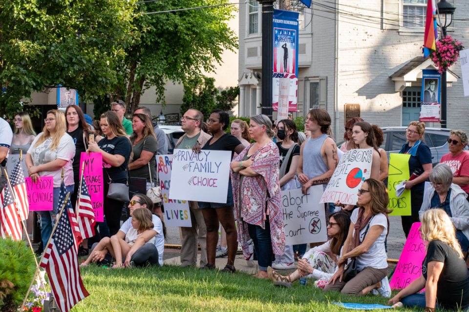 Abortion-rights supporters gather at Courthouse Square in Stroudsburg to protest the U.S. Supreme Court decision to overturn Roe v. Wade on Monday, June 27, 2022.