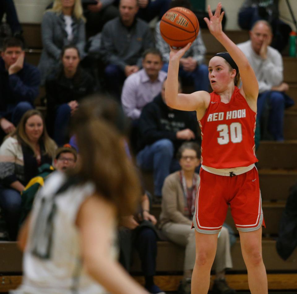 Red Hook freshman Morgan Tompkins pulls up for a jump shot during a Dec. 3 game against Spackenkill.