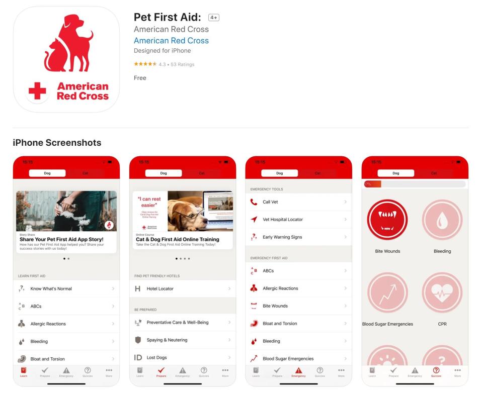 The American Red Cross Pet First Aid app offers a clean layout – with photos, videos and step-by-step instructions – to address common pet ailments and accident treatment.