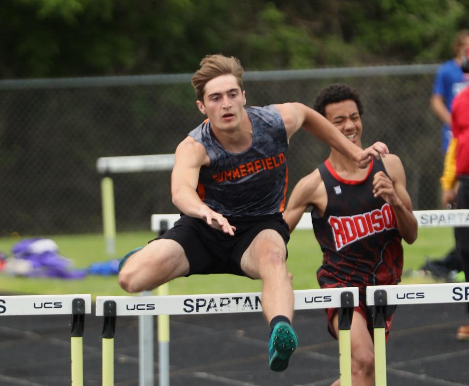 Summerfield's Nathan Herrmann competes in the high hurdles during the Division 4 Regional Saturday, May 21, 2022 at Webberville.