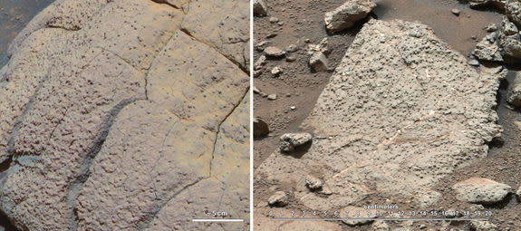 This set of images compares rocks seen by NASA's Opportunity rover and Curiosity rover at two different parts of Mars. On the left is " Wopmay" rock, in Endurance Crater, Meridiani Planum, as studied by the Opportunity rover. On the right are t