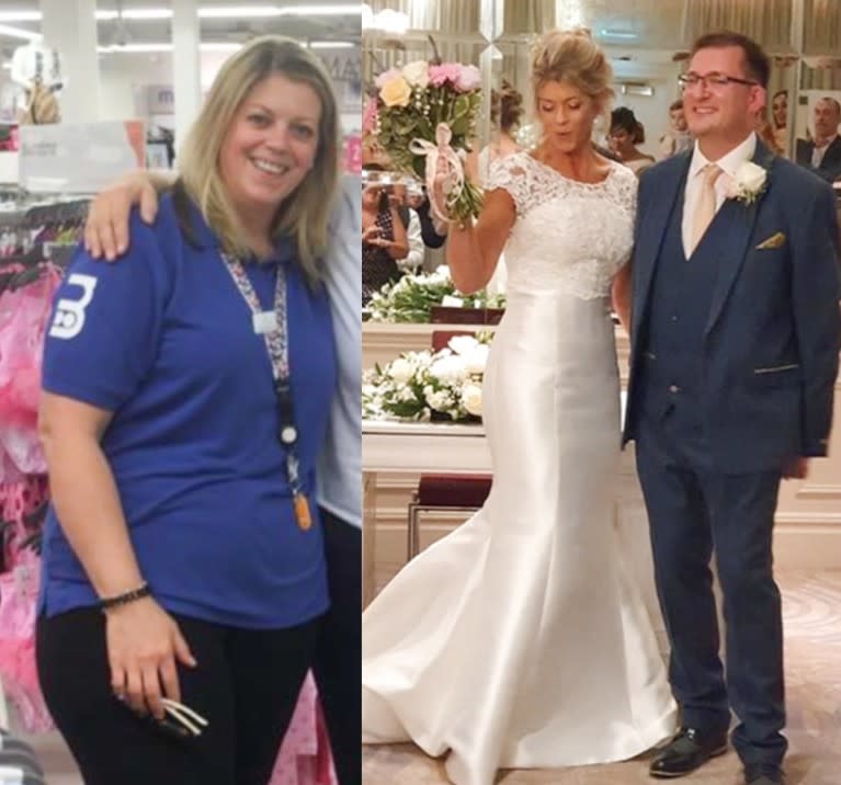 An overweight bride walked down the aisle after losing an incredible six stone. (Caters)