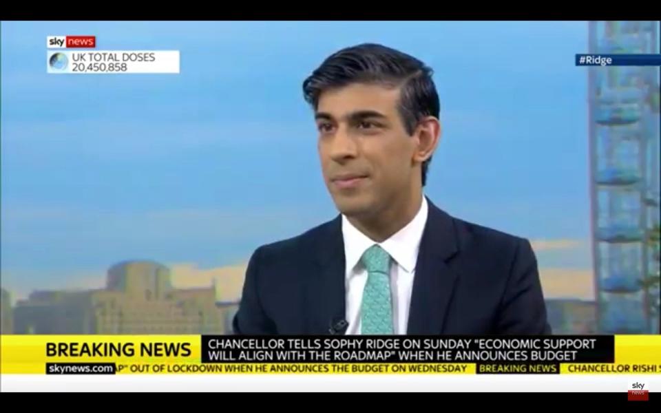 <p>Rishi  Sunak hinted on Sunday that he may announce and extension to the furlough scheme this week</p> (Sky News)