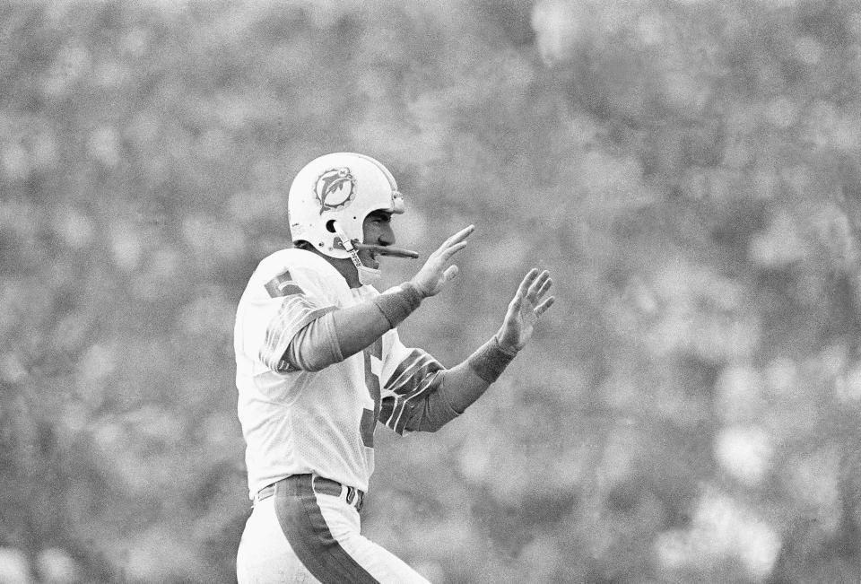 FILE - Miami Dolphins place-kicker Uwe von Schamann (5) celebrates his first quarter field goal against the San Francisco 49ers in Super Bowl XIX, Jan. 20, 1985 at Stanford stadium. Several German players have had success in the NFL. The Dolphins drafted Von Schamann in the seventh round of the 1979 NFL draft and the “soccer-style” kicker — as they still called them in those days — played six seasons in Miami. (AP Photo, file)