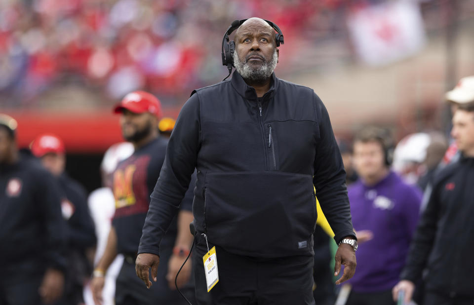 FILE - Maryland head coach Michael Locksley watches the clock before calling a timeout with seconds remaining in the fourth quarter as his team plays against Nebraska during the second half of an NCAA college football game Saturday, Nov. 11, 2023, in Lincoln, Neb. Maryland will face Auburn in the Music City Bowl. (AP Photo/Rebecca S. Gratz, File)