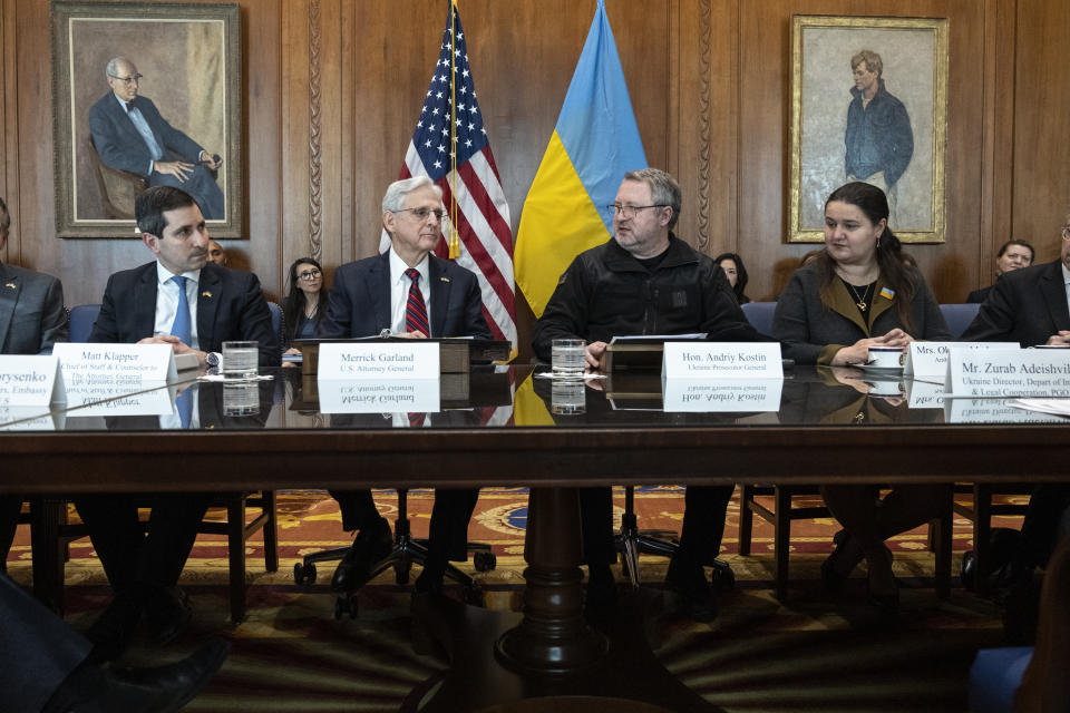 WASHINGTON, DC - FEBRUARY 3: (L-R) Chief of Staff to the Attorney General Matt Klapper, U.S. Attorney General Merrick Garland meet with Ukrainian Prosecutor General Andriy Kostin and Ukrainian Ambassador to the U.S. Oksana Markarova at the U.S. Department of Justice February 3, 2023 in Washington, DC. Kostin is on an official visit to Washington this week to meet with U.S. officials and to discuss continued U.S. support in Ukraines fight against Russia. (Photo by Drew Angerer/Getty Images)