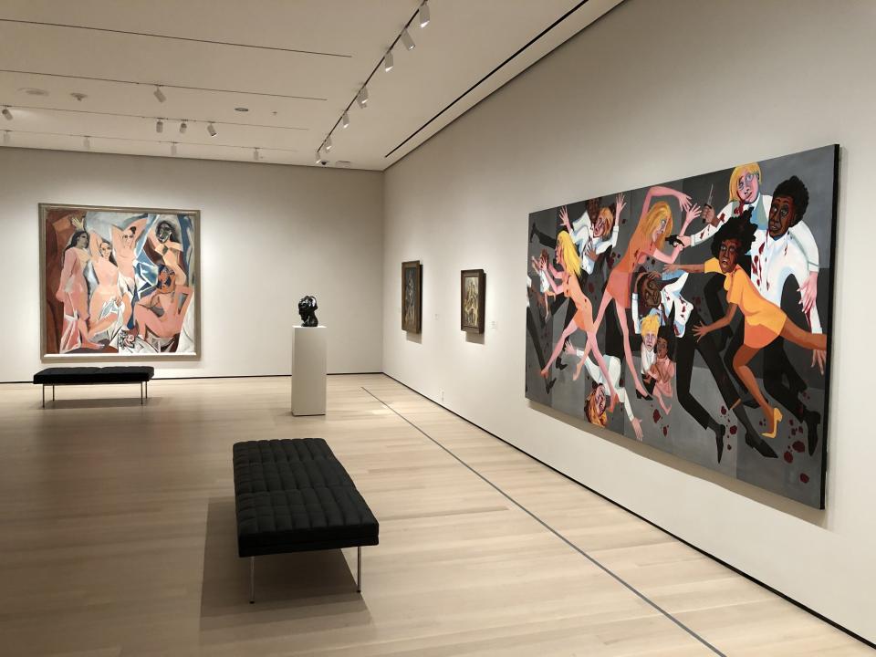 Pablo Picasso's Les Demoiselles d’Avignon, 1907 (far left) next to American People Series #20: Die (1967), by Faith Ringgold (right).