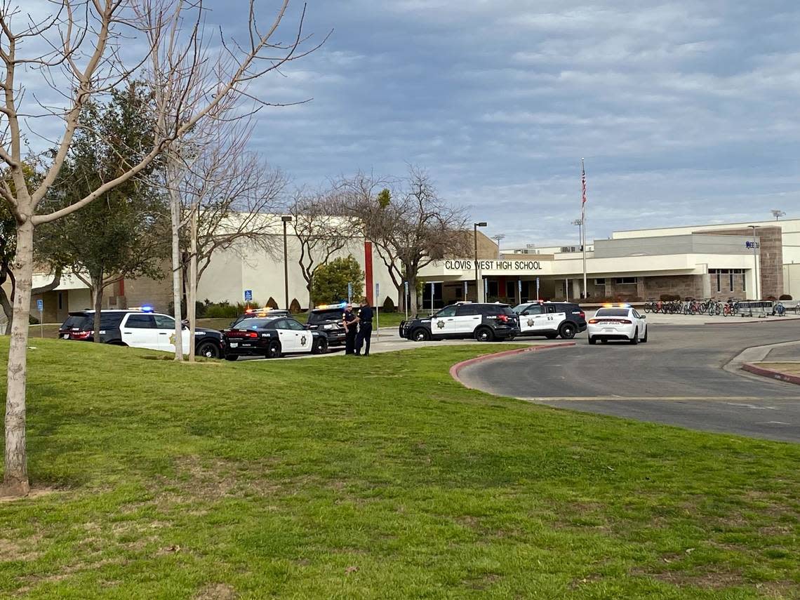 Fresno police officers respond to Clovis West High School in Fresno, California, on Friday, Feb. 3, 2023.