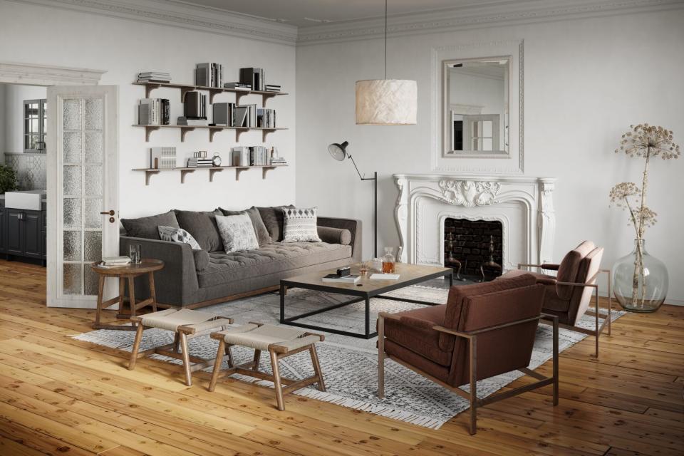 traditional living room with fringed rug