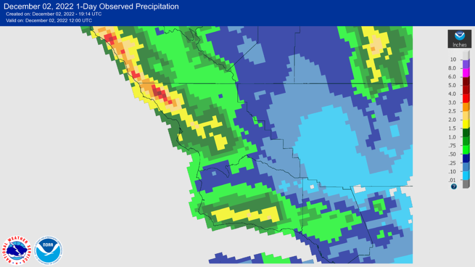 This map by the National Weather Service shows where the heaviest rain fell in San Luis Obispo County and surrounding areas from Dec. 1 to 2.