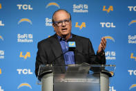 Los Angeles Chargers owner Dean Spanos speaks before introducing Jim Harbaugh as the new head coach of the Los Angeles Chargers NFL football team Thursday, Feb. 1, 2024, in Inglewood, Calif. (AP Photo/Ashley Landis)
