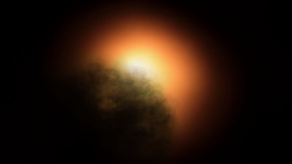 Ilustración artística que muestra una gran nube de polvo que cubre parte de Betelgeuse