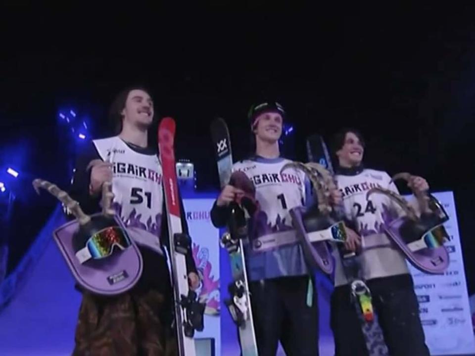 Canada's Noah Porter MacLennan, left, won silver at the Chur ski big air World Cup on Friday. (Screenshot/CBC Sports - image credit)