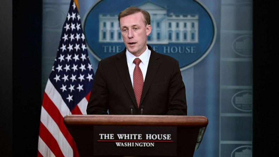 PHOTO: National Security Advisor Jake Sullivan speaks during the daily briefing in the Brady Press Briefing Room of the White House in Washington, D.C., on Oct.10, 2023. (Brendan Smialowski/AFP via Getty Images)